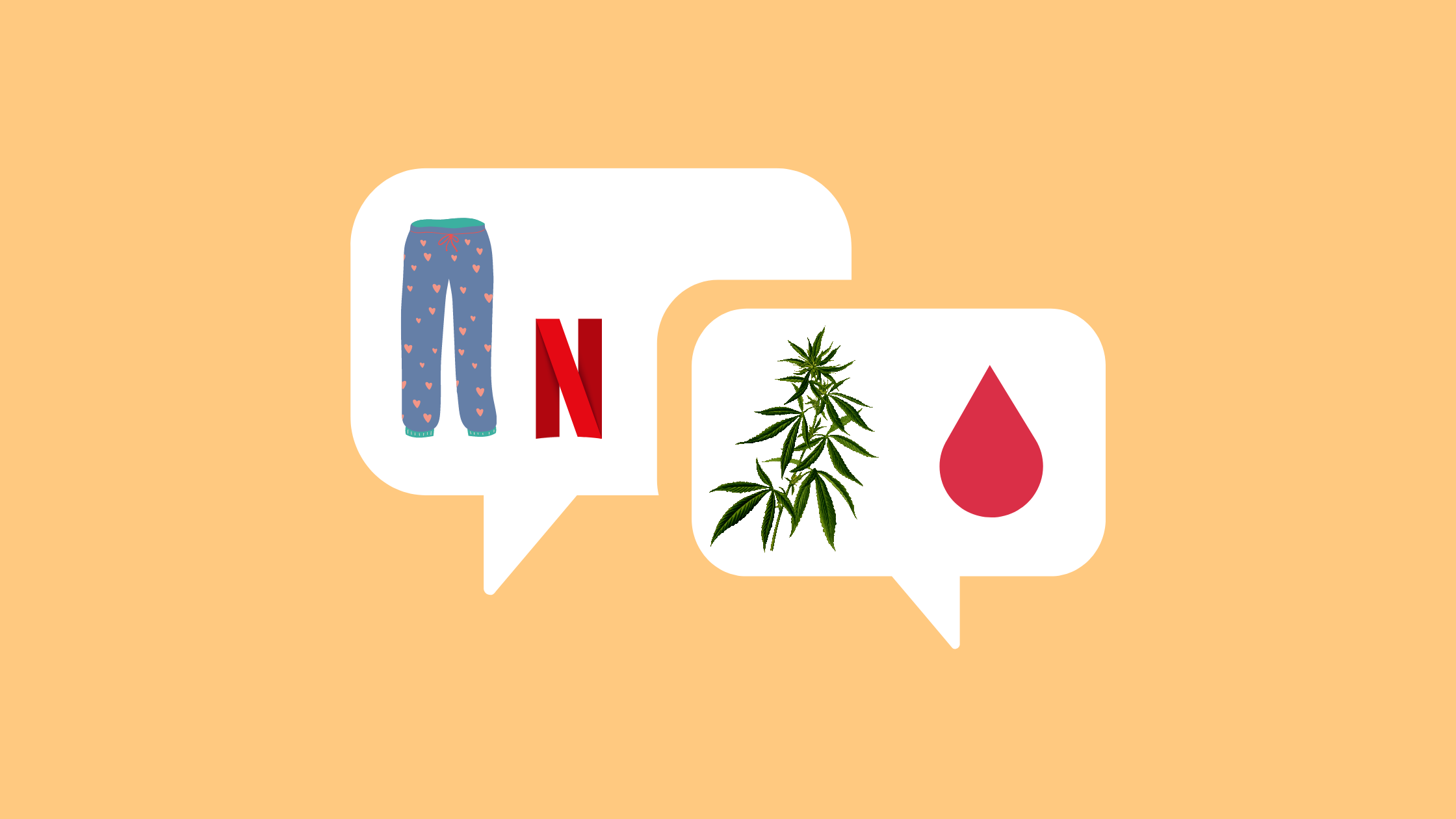 Zwei Sprechblasen. Darin befinden sich Piktogramme von einer Jogginghose, dem Netflix-Logo, einer Cannabis-Pflanze und einem Blutstropfen.