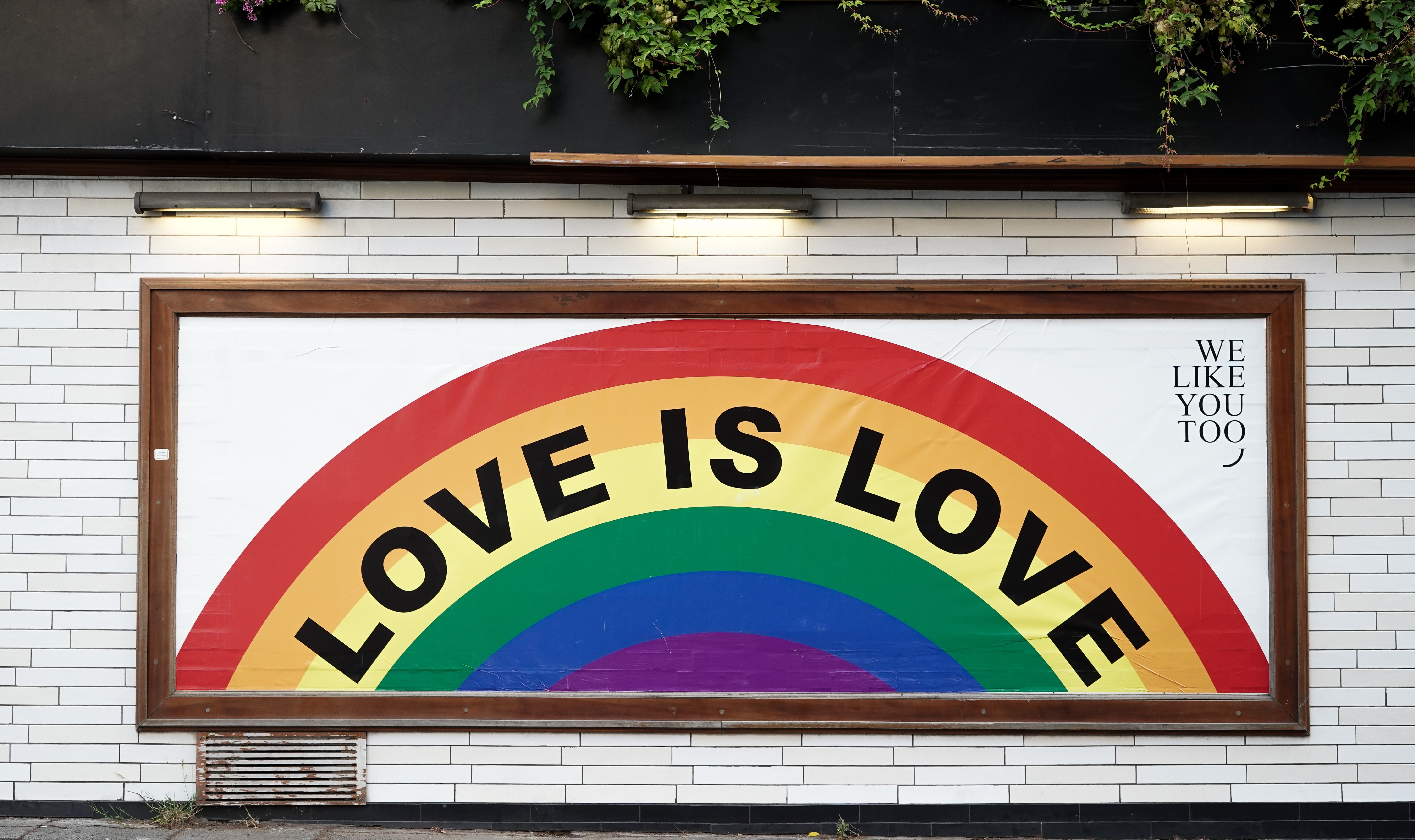 Man sieht ein Schild an einer weißen Backsteinwand, auf dem ein Regenbogen abgebildet ist. Auf dem Regenbogen steht in schwarzer Schrift "Love is Love"