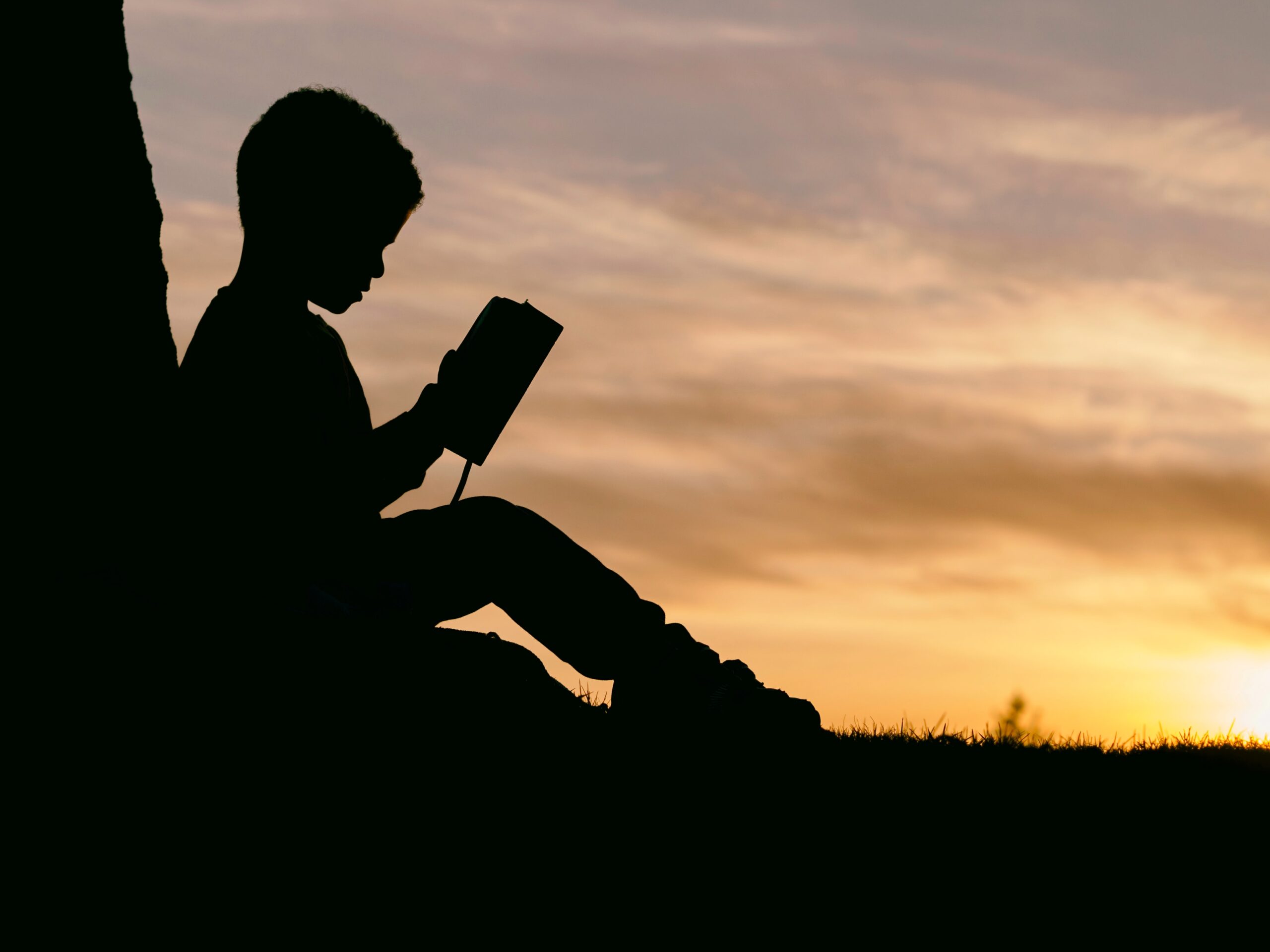 Ein Kind sitzt bei Sonnenuntergang an einem Baum und liest ein Buch.