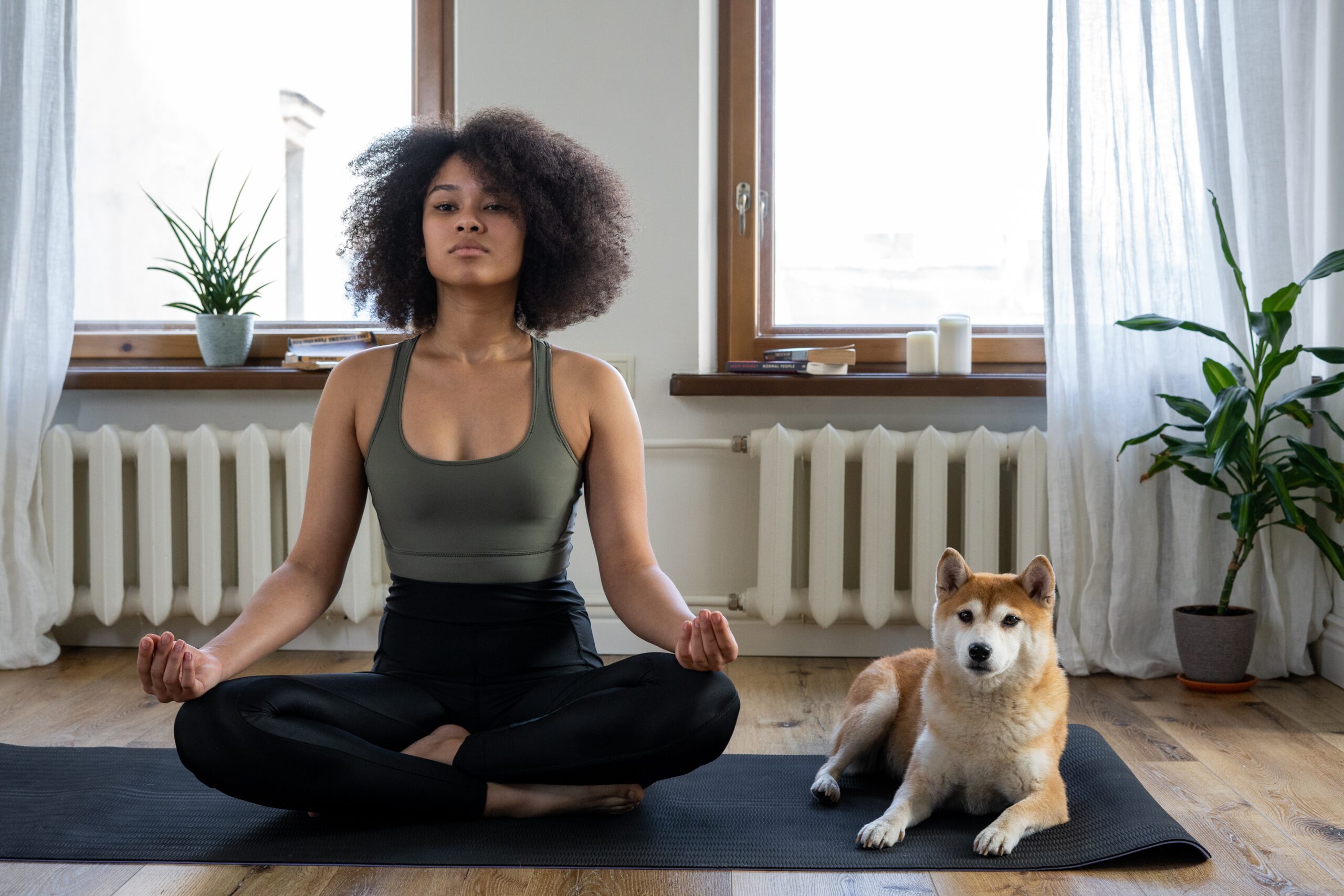 Eine Frau macht Yoga auf einer Matte, ihr Hund sitzt daneben. Sie sind zuhause.