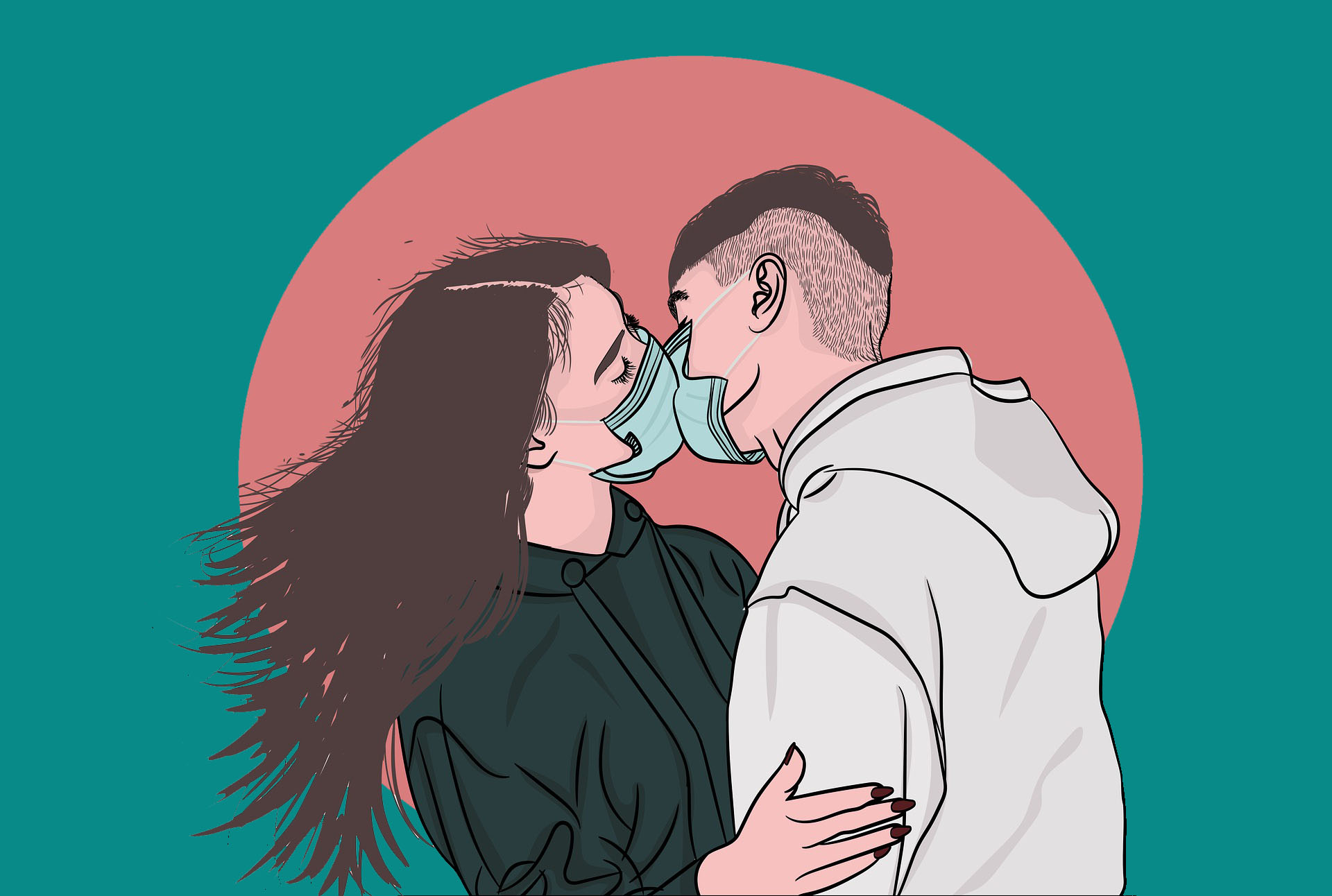 Eine Frau und ein Mann küssen sich mit Mund-Nasen-Schutz (Comic)