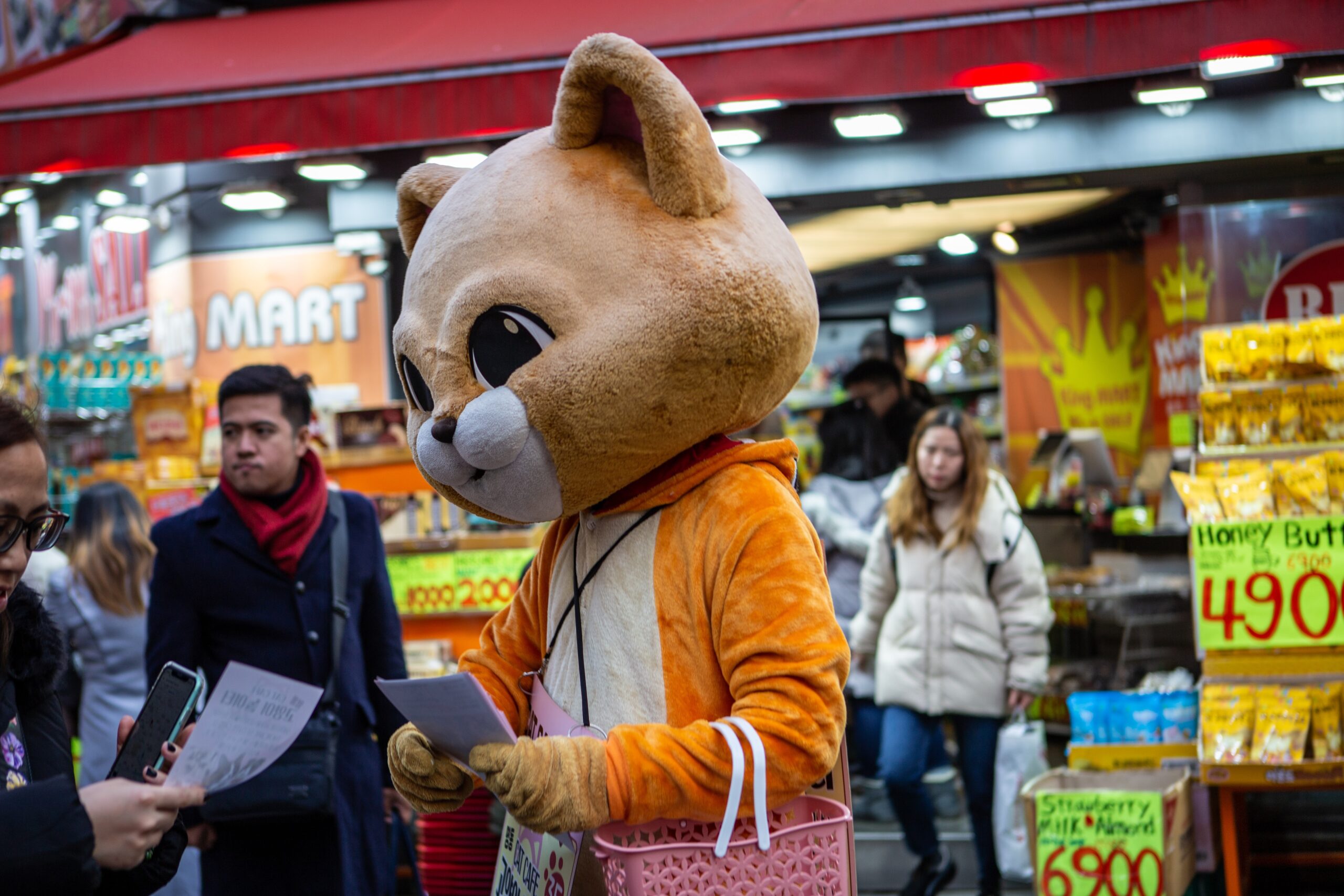 Ein Mensch, der ein Katzenkostüm trägt, verteilt Flyer auf der Straße