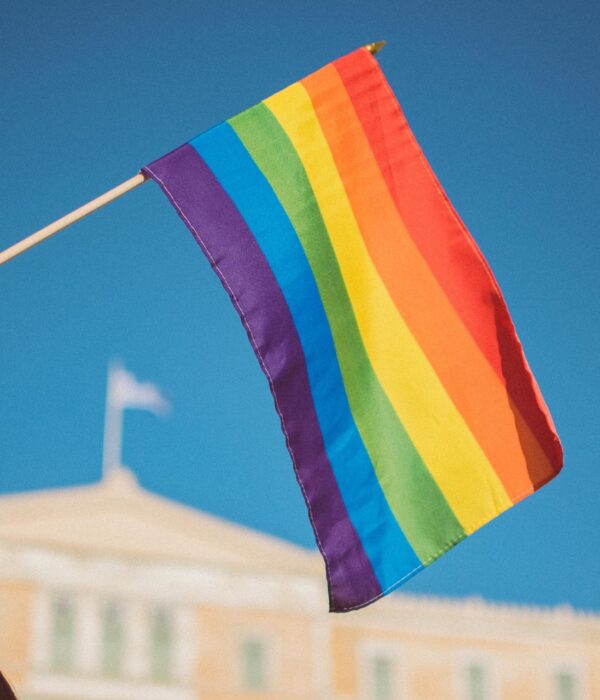 Eine Regenbogenflagge wird hochgehalten