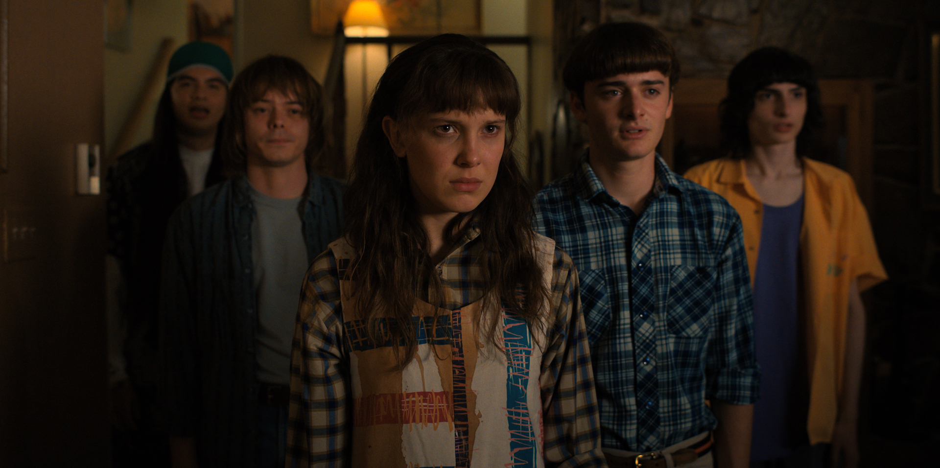 TRANGER THINGS. (L to R) Eduardo Franco as Argyle, Charlie Heaton as Jonathan, Millie Bobby Brown as Eleven, Noah Schnapp as Will Byers, and Finn Wolfhard as Mike Wheeler in STRANGER THINGS. Cr. Courtesy of Netflix © 2022