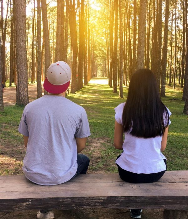 Mann Und Frau Sitzen Auf Bank Im Wald