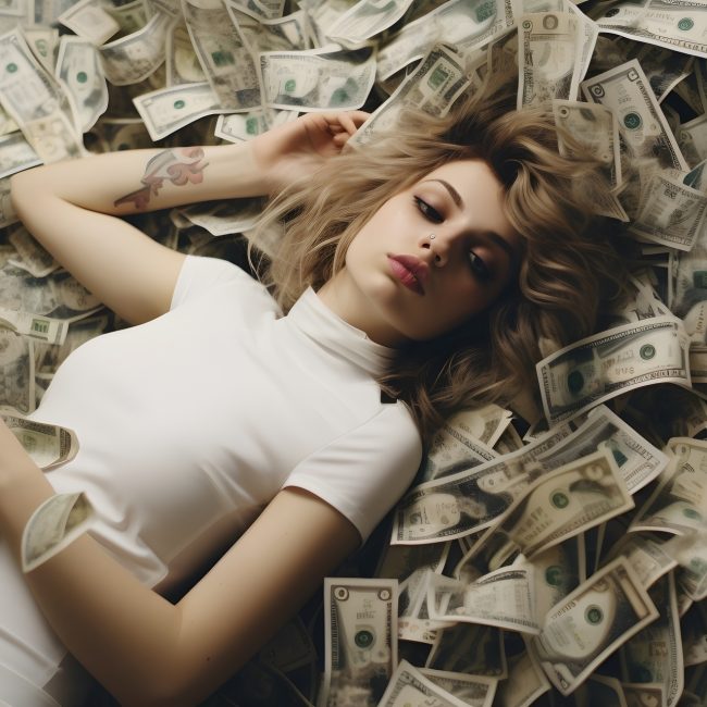Junge Frau liegt im Geld
